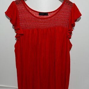 Doublju Women's Red Floral Lace Short Flutter Sleeve Pullover Blouse Size 2XL